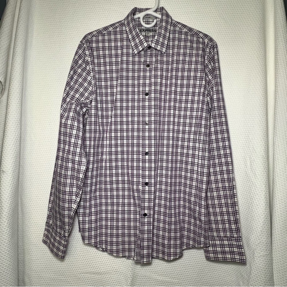 Express Men's Size Large Long Sleeve Button Up Fitted Shirt Purple Checkered